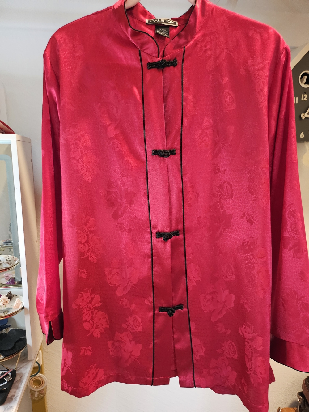 Vintage 90s Halston Red Satin Pajama Top Paisley Frog Loop Closure Women's